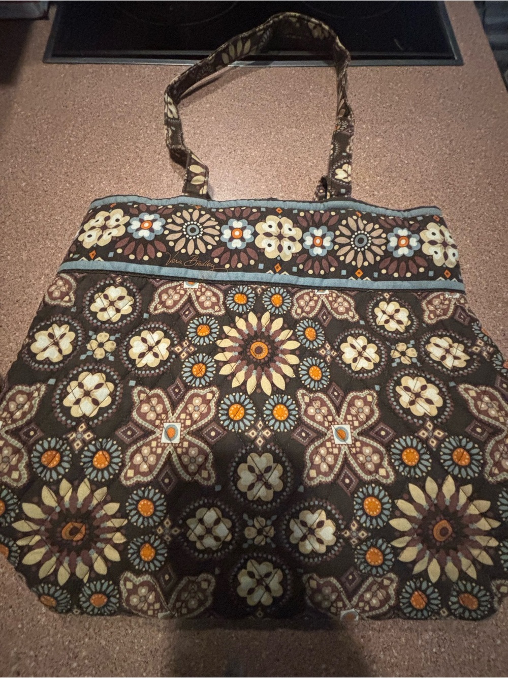 Vera Bradley Floral Pattern Brown Canvas Tote with Cream and Orange Accents - Picture 2 of 6